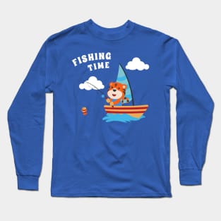 Vector cartoon illustration of cute tiger fishing on sailboat with cartoon style. Long Sleeve T-Shirt